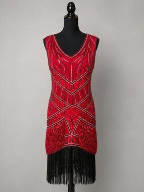 Red Beaded Fringe V-Neck Ballroom Latin Women’s Competition Dress, Size L, NWT